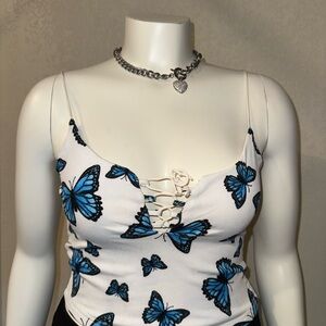 Rue21 Blue and White Fitted Camisole with Cut Out Design